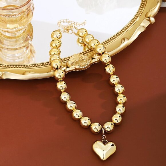 Elegant Chunky Gold Necklace with Heart & Pearl Accents - Perfect Gift - Picture 7 of 8
